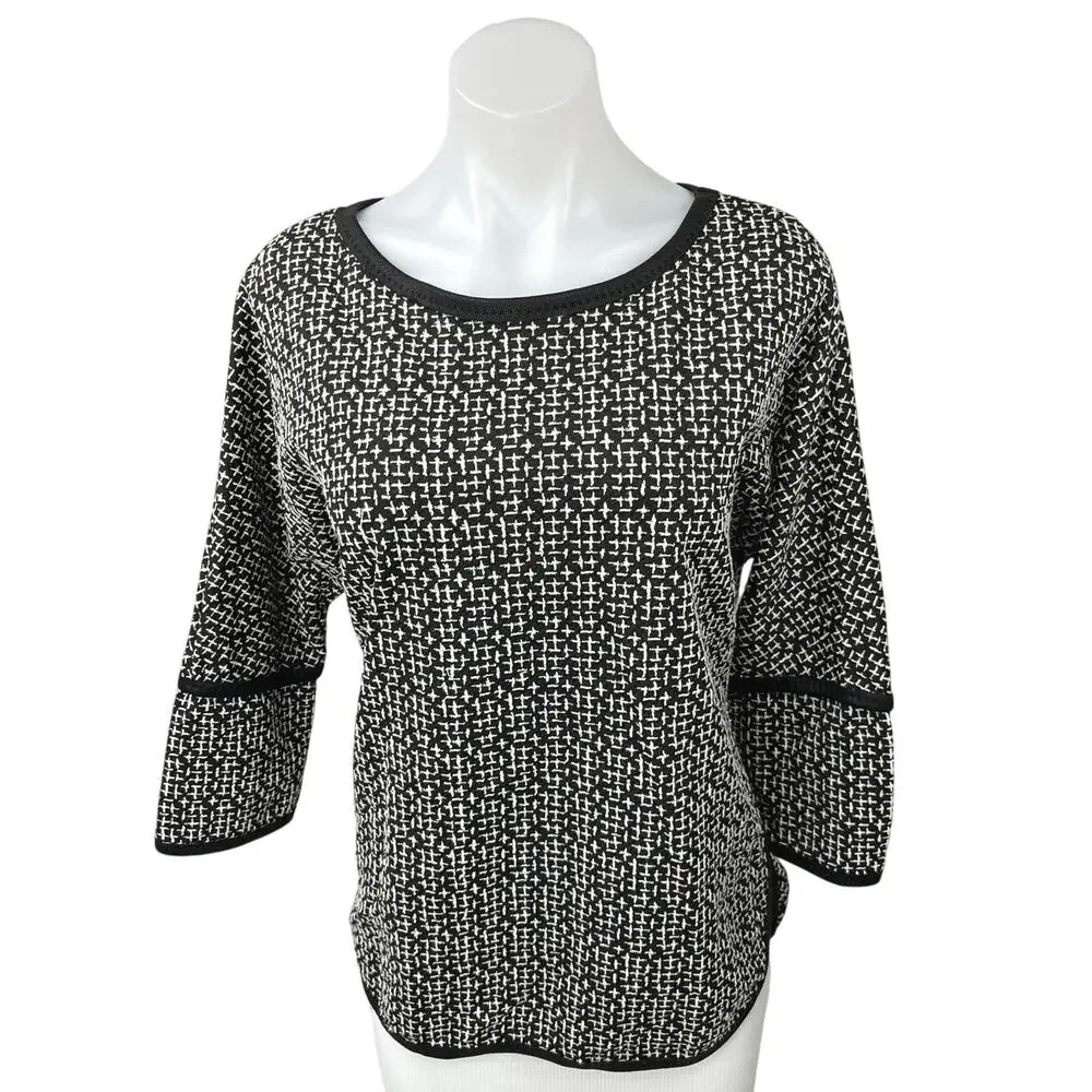Max Studio Black White Tweed Crew Neck Long Sleeve Sweater Blouse Tunic Top Sz M
